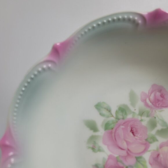 Koenigszelt Silesia Serving Bowl 9 Inch Pink Roses Green Leaves Beaded Boarder - Picture 4 of 15